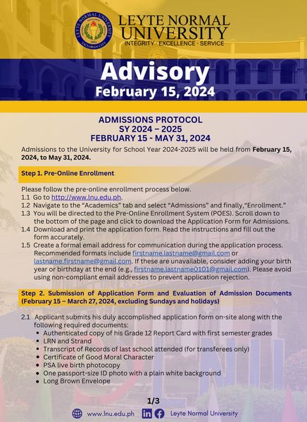 LNU Opens Freshmen Admission for A.Y. 2024-2025 | Leyte Normal University
